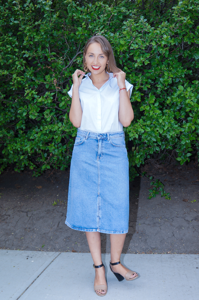 Knee length denim skirt 90s look sale